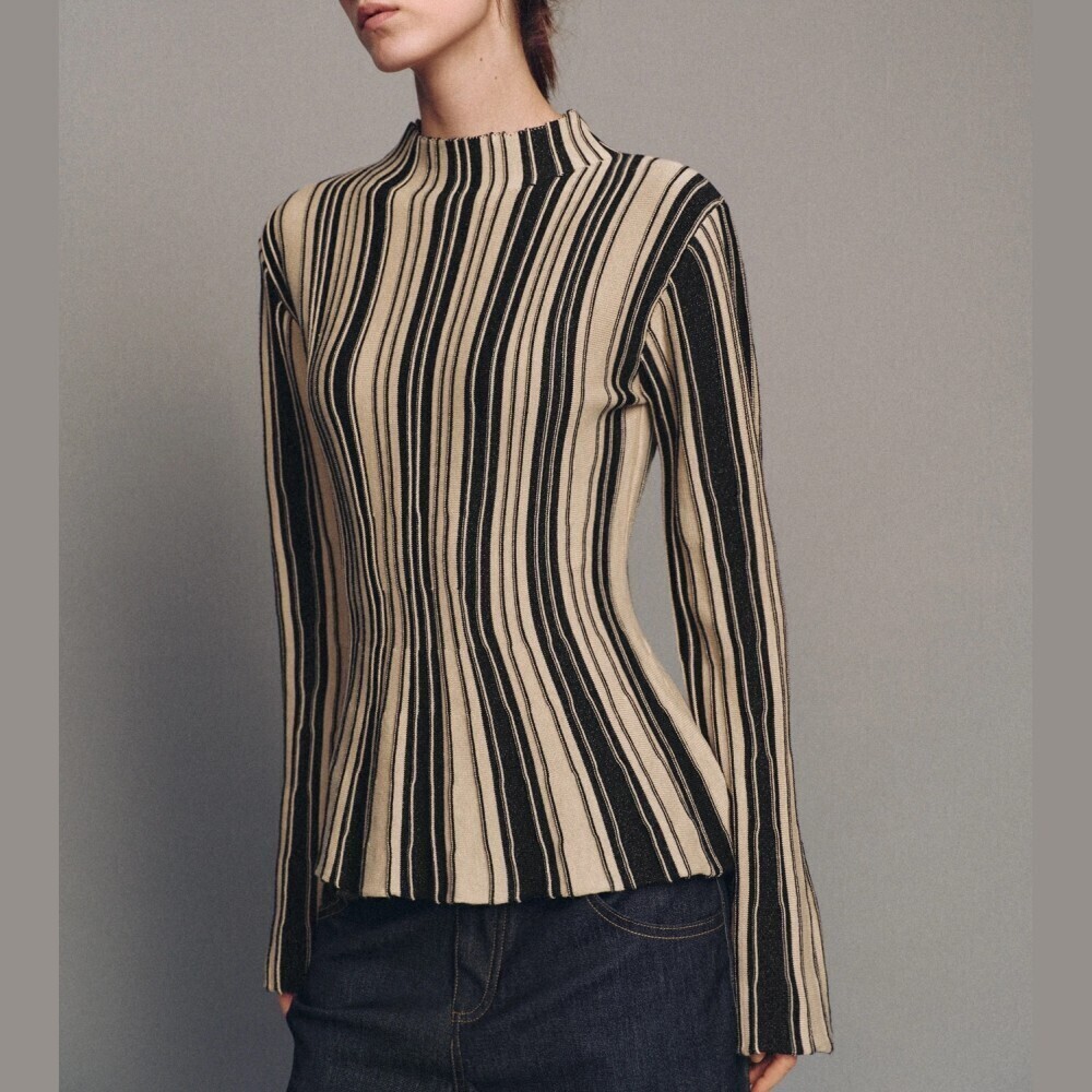 Black Cream Striped Ribbed Knit Mock Neck Slim Fit Sweater